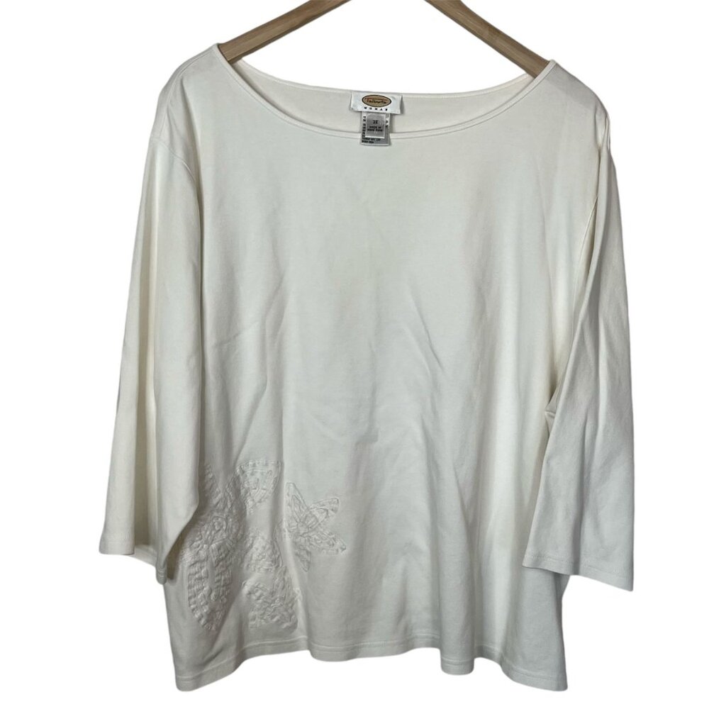 Talbots womens white cotton embroidered 3/4 sleeve plus size top 3X